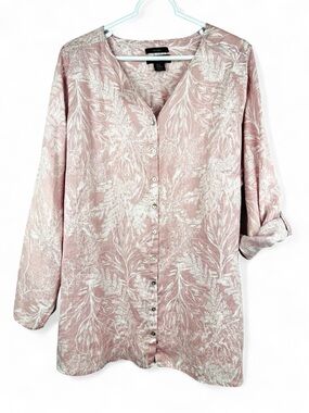 Tahari 100% Linen Plus Size 2X Pink White Tunic Button Up Shirt Roll Tab Floral